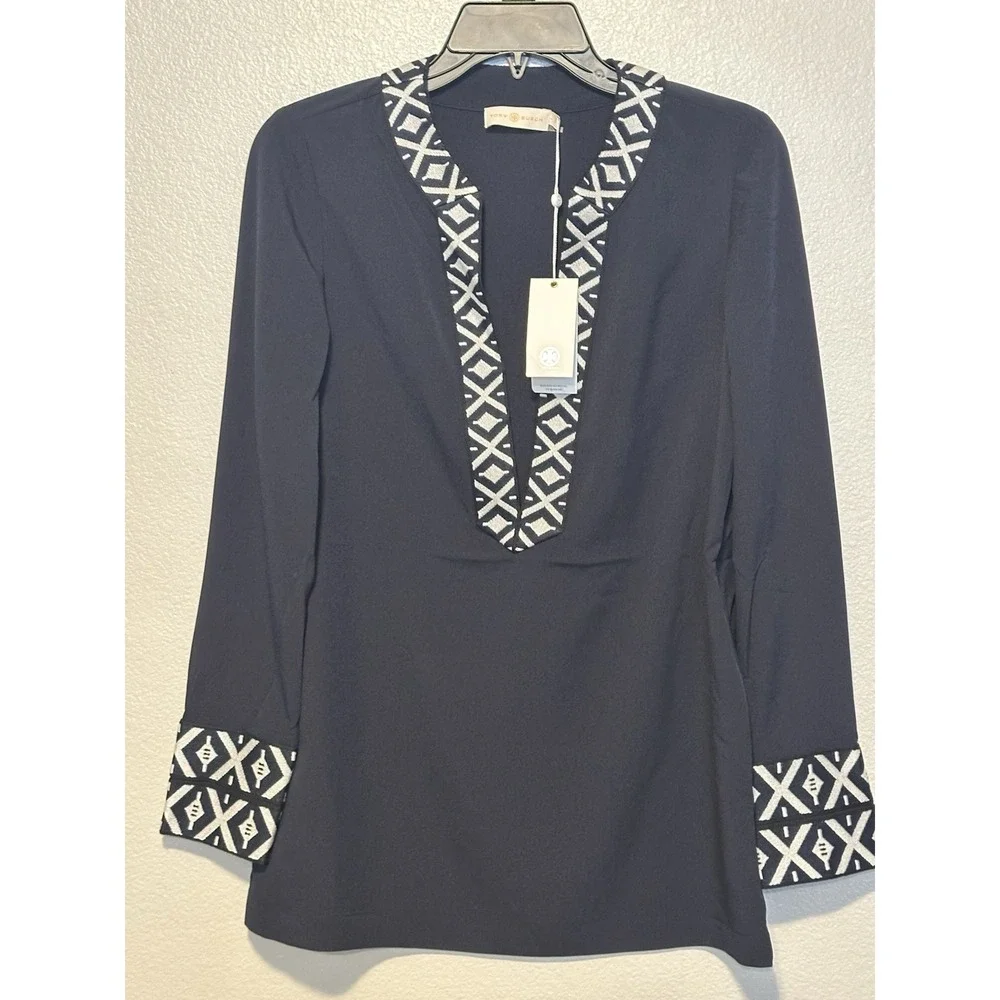 NWT $295 TORY BURCH Ariana‎ Tunic w/Taping 2 Navy Blue Caftan Resort Lightweight